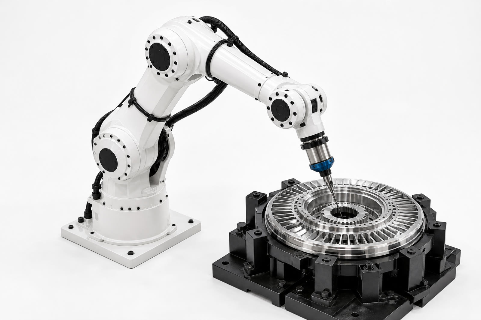 White industrial robotic arm performing precision work on a metallic component